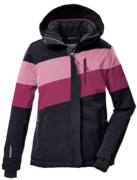 killtec Skidjacka för flickor, funktionell jacka med huva och snöfall KSW 197 GRLS SKI JCKT, svart blå/mörk hallon/ljus hallon, 128, 43487-000