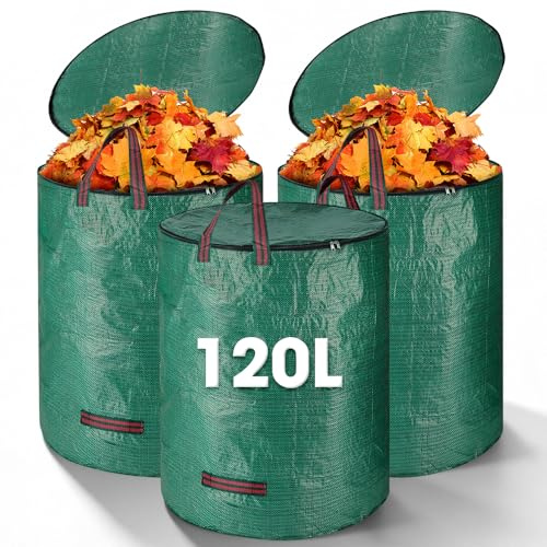 Riisoyu Lot de 3 Sacs de Jardin, 120l Sac Jardinage Déchets Pliables et réutilisables avec couvercle et poignées réutilisables étanches pliables pour feuilles, herbe