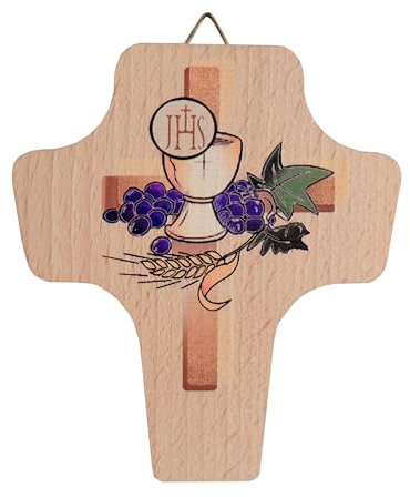 Kaltner Präsente Geschenkidee - 12 cm Kommunionkreuz Kreuz für die Erstkommunion Kommunion Kinderkreuz Echtholz Natur Buche mit Buntdruck
