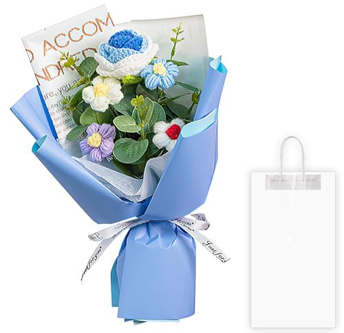 KBIBCK Crochet Flowers Bouquet, Rose Handmade Knitted Bouquet with LED Lights & Gift Bags, Crochet Artificial Flower for Birthday, Mother's Day, Graduation, Wedding, Valentine's Day (Gradient Blue)