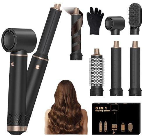 Kitgody 5 in 1 Airstyler Warmluftbürste Set mit Automatischem Lockenstab & Rundbürstenföhn - MULTIFUNKTION Hairstyler für Volumen, Locken, Glätten, Trockenes Haar (EU Stecker)