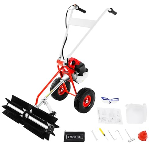 DAOHHFO 1.7PS 43cc Benzin Kehrmaschine, 2-Takt Benzin Handschubkehr Maschine Schneeschieber mit Räder, 8500RPM Schneefräse Sweeper für Gehweg Gras Schnee Reinigung Rasen