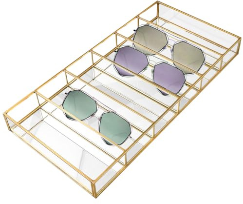 UNICRAFTALE Brillenaufbewahrungsvitrine 6 Gitter Rechteckig Glas Sonnenbrillen Organizer Goldener Mehrfach Brillenhalter Zur Aufbewahrung von Brillen Schmuck Uhren Präsentationstablett