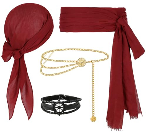 TaleMoon Piratenkostüm Accessoires, 4 Pcs Piraten Damen Accessoires, Mittelalter Piraten Kopftuch Gürtel, Kettengürtel Gold, Rotes Tuch Pirat für Karneval, Cosplay, Party, Halloween