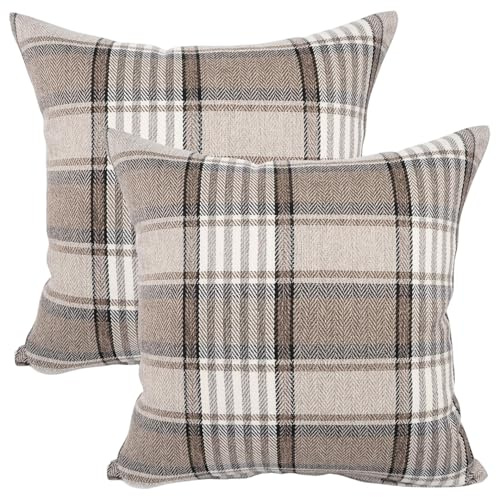 Hbbgdiy Cubiertas de Almohadas 20x20 Juego de 2 Cubiertas de cojín a Cuadros Marrones de Lino con Cremalleras Invisibles Lavables al Aire Libre de Almohadas Decorativas para Interiores para de