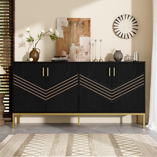 Buffet Moderne à 4 Portes buffets Corps en MDF avec Pieds en métal Meuble latéral étagères réglables en Hauteur Armoire pour Salon Chambre à Coucher Salle à Manger Couloir Noir