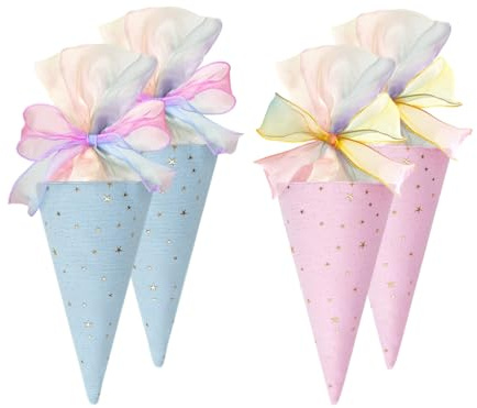Abiyou 4 Stück Geschenktüte Schultüte, Kleine Schultüten mit Bunte Bänder, Geschwistertüte, Baumwolle Kleine Schultüte, Schultüten aus Musselin, für Schreibwaren, Geschenke, Schule, Partys (Blau+Rosa)