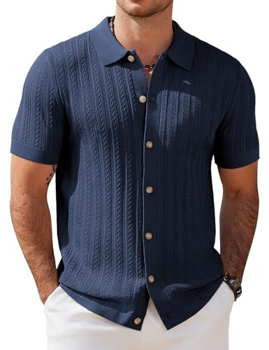 COOFANDY Men's Short Sleeve Knitted Polo Shirts Stretch Cable Knit Full Button Golf Shirt Polo T-Shirt