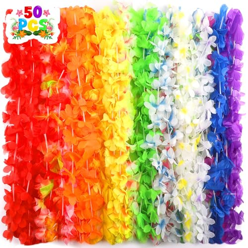 50Pcs Hawaiian Garlands,Hawaiian Flower Lei Necklace, Hawaii Flower Garlands for Tropical Party Beach Theme Birthday Party Supplies Fancy Dress Accessories