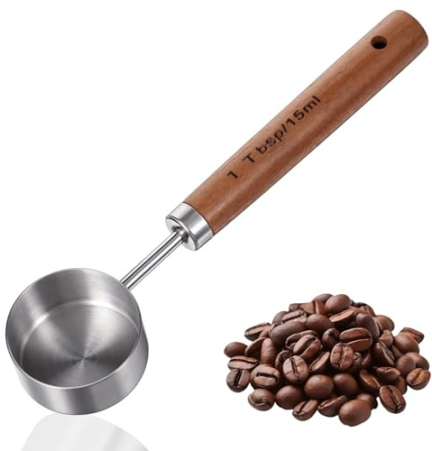 Vintage Coffee Measuring Scoop 1 Tablespoon 15ml Stainless Steel Coffee Spoon with Walnut Handle for Ground Coffeebeans Tea and More (Silver)
