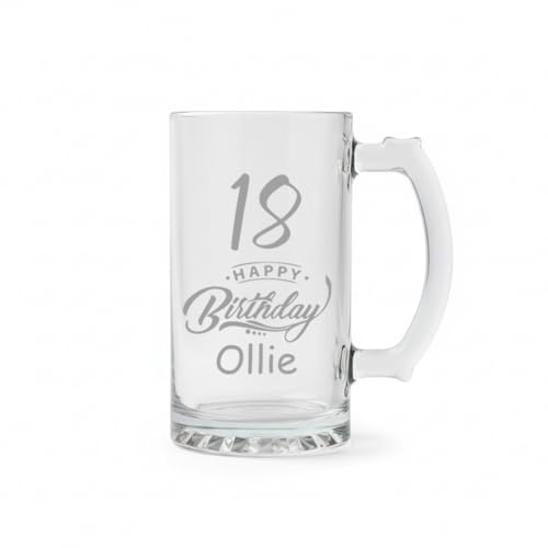 ukgiftstoreonline Personalised Engraved Tankard Beer Mug with Thumb Handle, 510ml, Glass, Happy Birthday Gift Boxed (18th Birthday Beer Glass Gift)