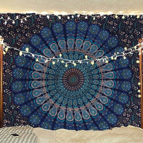 Bless International Indian hippie Bohemian Psychedelic Peacock Mandala Wall hanging Bedding Tapestry (Blue Green, Twin (54x72Inches)(140x185cms))