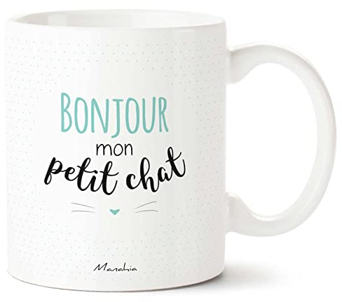 Manahia - Mug Chat - Bleu - Cadeau Couple Mignon - Amour ou Amitié | Bonjour mon petit chat - Tasse homme - Cadeau mignon copain - Saint-Valentin & Noël - Boîte kraft - Imprimée en France