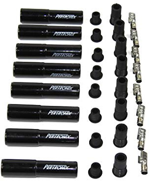 PerTronix 8562HT-8 Black Ceramic Spark Plug Boot Straight Set of 8 includes silicone plug and wire bushings, stainless steel spark plug terminals and high temp ceramic boots