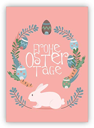 16er Karten Set privat & business: Schöne Osterkarte mit Häschen Osterkranz und Eiern auf rosa: Frohe Ostertage • nette, hochwertige Oster Grüße im als liebe Geschenkkarten, Gutschein