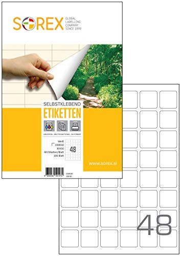 Sorex 30x30 mm Universal Etiketten Selbstklebend Weiß für alle Drucker, 100 Blatt DIN A4, Premium Aufkleber, Starke Klebekraft, Barcode, Adressetiketten, Gerundet, 48 Etiketten/Blatt