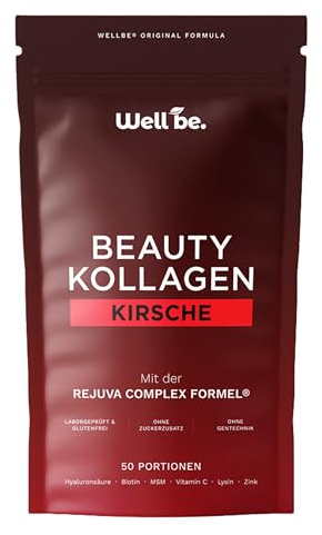 Wellbe Kollagen Pulver Kirsche - hochdosiert mit maximal bioaktivem Kollagen Hydrolysat, Biotin, Zink, Vitamin C & Hyaluron - Collagen Pulver - Kollagenpulver Peptide Made in Germany 1x250g