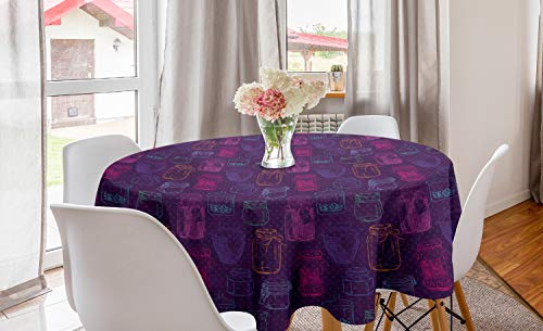ABAKUHAUS Colorful Round Tablecloth, Rhythmic Delicious Jars Jam Sketch Print on Polka Dotted Background, Circle Table Cloth Cover for Dining Room Kitchen Decoration, 60, Plum Fuchsia