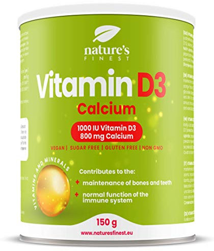 Vitamin D3 Kalzium hochdosiert – Ohne Zusatzstoffe – Für Knochen, Zähne und Muskeln – Nahrungsergänzung mit Magnesium – Hoch bioverfügbar – 1000 IE Vitamin D3 und 800 mg Kalzium pro Portion, 150g