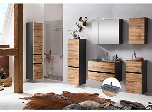 Lomadox Badezimmer Set mit Glasbecken grau, Beleuchtung, in Graphitgrau mit Wotaneiche Nb., BxHxT: ca. 200x200x49 cm