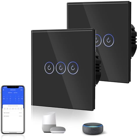 BSEED Smart Light Switch,Touch Switches for Lights,Glass Panel with Backlit,Works with Alexa & Google Assistant,Neutral Wire Required,3 Gang 2 Way(2 Pack),86mm Black