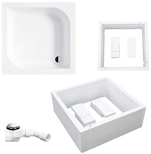 VBChome Duschwanne 80x80 Quadrat mit Träger Weiß Stabil Glatt Dusche Styroporträger Ablaufgarnitur Duschkabine Duschtasse Acryl Rechteck Befliesbar Tief Syphon Viega Domoplex