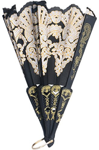 DUESI Handfächer im spanischen Stil, für Tanzparty, Hochzeit, Spitze, Seide, faltbar, Blumenfächer, Schwarz