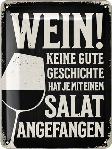 LANOLU Retro Blechschild Sprüche lustig - WEIN! KEINE GUTE GESCHICHTE HAT JE MIT SALAT ANGEFANGEN! Vintage Metallschild mit Spruch - Küchenbild und Shabby Chic Wanddeko Küche 15x20cm