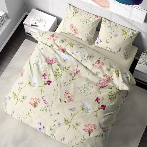 DILIOS Ropa de cama prémium de 135x200 cm, diseño de flores, color beige, 100% transpirable, agradable algodón, con cremallera, 2 piezas, funda nórdica de 135x200 cm y funda de almohada de 80x80 cm