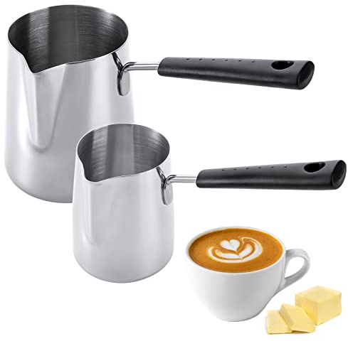 Dicunoy Set of 2 Milk Butter Warmer Pot, 350ml/650ml Turkish Coffee Pot with Cleaning Brush, Stovetop Chocolate Melting Pan, Cezve Ibrik Briki Greek Arabic Coffee Heater for Maple Syrup, Sauce Heating