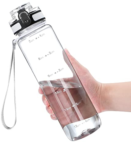 OLDLEY 1L/32oz Sports Water Bottle, 1000ml Motivational Drinks Bottle with Time Markings Leak Proof Drink & Lock Cover & No Straw, BPA Free for Adults Women Men Gym School Cycling Running Hiking