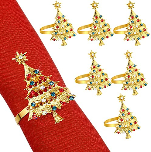 Christmas Napkin Rings Set, 6 Pcs Christmas Tree Napkin Buckles Holders Table Decor for Xmas Thanksgiving Wedding Birthday Party Dinner Supplies