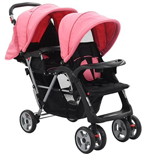 Tidyard Passeggino gemellare, passeggino per bambini, in acciaio rosa e nero