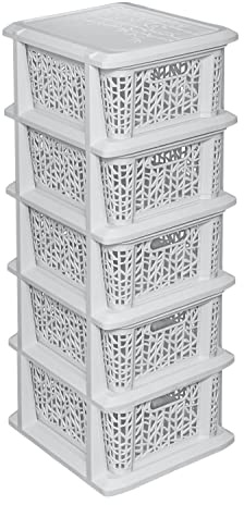 BranQ - Home essential Universelles, multifunktionales Regal in Bamboo Design, BPA-frei Kunststoff, 5 Körben, Creme