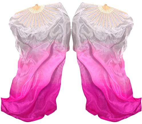 Hayaww 1 Paar FäCherschleier Bauchtanz, Lange FäCher Bauchtanz Fans SchleierfäCher Schleier Bambus-FäCherschleier Bauchtanz Schleier Lang Bambus Fan Zum Tanzen,1.8m,FüR Auftritte(Verlauf Rosa Rot)