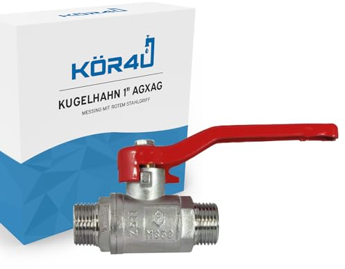 kör4u Kugelhahn aus Messing AG/AG, mit rotem Stahlgriff, 1 Zoll Außengewinde