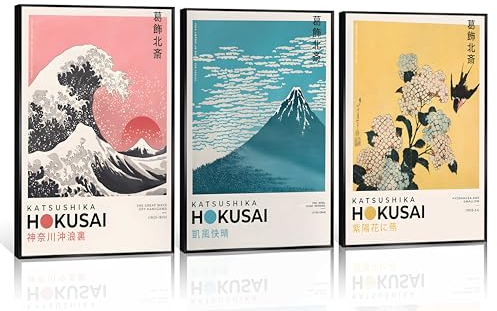 Katsushika Hokusai - Set di 3 stampe artistiche da parete giapponesi su tela, decorazione apanese dipinti colorati, Kanagawa la Grande Onda, Wabi Sabi, decorazione artistica vintage minimalista per