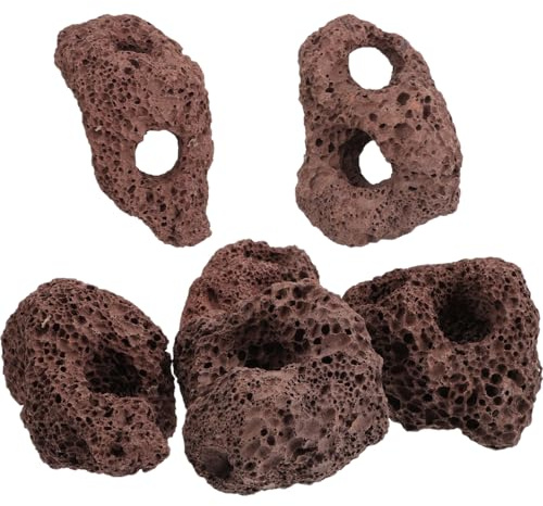 MERRYHAPY Aquarium Volcanic Rock Ornaments 6-Piece Set - Lava Rocks for Fish Tank Landscaping and Aquatic Plant Fixing - Decorative Volcanic Stones with Dual Holes for Fish and Shrimp Shelter