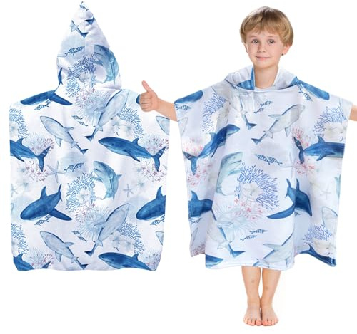 Toalla de Playa Con Capucha Para Niños - Microfibra Poncho de Piscina Para Niñas de 2 a 8 Años (Tiburones)