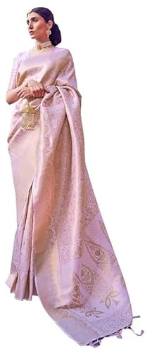 Jaanvi fashion Banarasi da donna in seta con jacquard Zari color oro lavoro sari con camicetta non cucita, Lavanda, Taglia unica