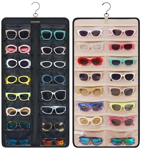 Hanging Sunglasses Organizer, DustProof Sunglasses Storage Case Wall Mounted, Large Dual Sided Glasses Storage Bag, Eyeglasses Holder with 32 Clear Slots & 360°Rotating Hook for on Closet, Wall, Door