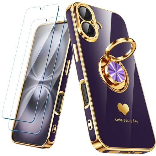 Nonional Compatible for iPhone 16 Case with 2 Pack Screen Protector, 360° Rotatable Ring Holder [Luxury Hearts Pattern] Plating Gold Edge Slim Soft Phone Cover Case for iPhone 16 - Purple