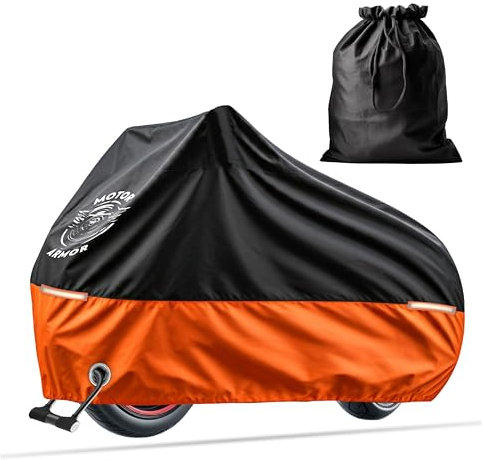 Motor Armor - Telo Coprimoto, Impermeabile 265cm, Universale in Oxford 210D, Telo Coprimoto Da esterno Antipolvere, Anti UV, Nero/Arancio