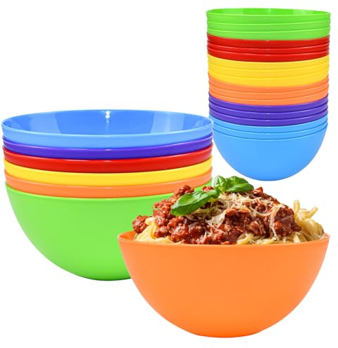 HEKOBAG 24 Piezas Cuencos de Plástico Grandes, 709ml Cuencos de Plástico Reutilizables para Microondas y Lavavajillas para Cereales Sopa Bocadillo Fruta Ensalada (6 Colore)