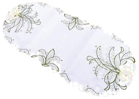 Weiße Maiglöckchen Tischläufer Tischdecke Mitteldecke Deckchen gestickt (ca. 40x90 cm)