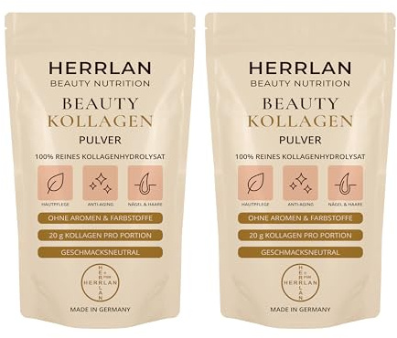 HERRLAN® 1000 g Beauty Collagen Pulver 2 x 500 g – hochdosiertes Kollagen Hydrolysat Typ 1, 2, 3 – GESCHMACK- & GERUCHLOS - ohne Zusätze – reine Peptide – Spitzen-Qualität – Made in Germany