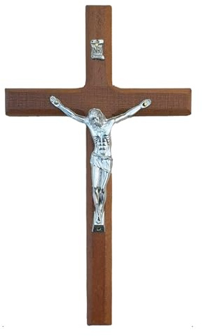 7.95Inch Crucifix Cross Wall Hanging Wood Cross Wall Decor Platinum Wood Cross with Alloy Jesus Christ Catholic Wall Art Cross for Church Home Decor