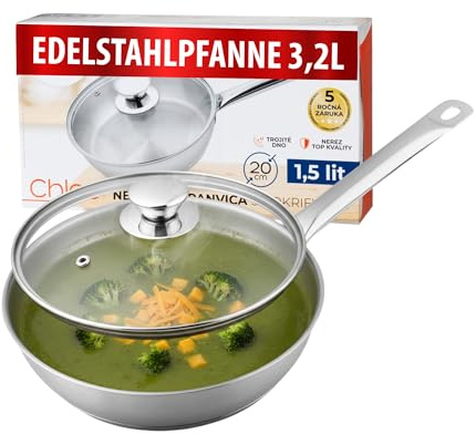 MAGIC HOME Edelstahlpfanne 26 cm | Pfanne INDUKTION | Edelstahl Große Bratpfanne 3.2L | Hoher Rand | 26cm Induktionspfanne für Alle Herdarten, Induktionsherd | Tief | Chef´s Pan | Chloe