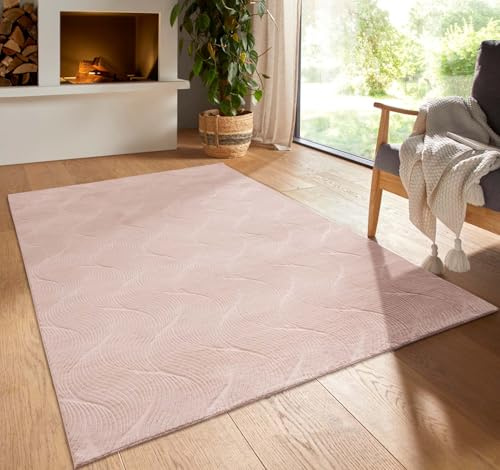 Taracarpet Kurzflor Boho Skandi Polyester Teppich in 3D Optik waschbar, pflegeleicht und robust ideal fürs Wohnzimmer, Schlafzimmer und Kinderzimmer auch als Badematte Rosa Düne 060x120 cm