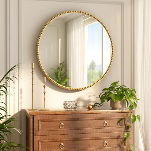 Koonmi 60 cm Runder Badezimmerspiegel – Luxuriöser und Retro Perlenkreis Dekorativer Wandspiegel mit PU-Rahmen, zum Hängen oder Anlehnen für Eingangsbereich, Schlafzimmer, Wohnzimmer, Flur, Gold